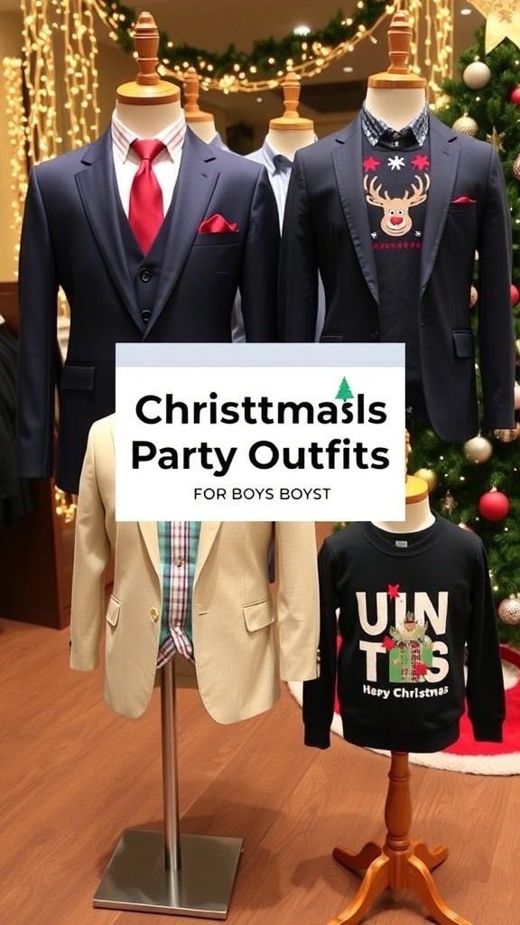 Stylish Christmas party outfits for boys displayed with holiday decorations.